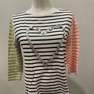 💎 J.Crew Crewcuts Collectible Jeweled Heart Striped 3/4 Length Sleeves Tee